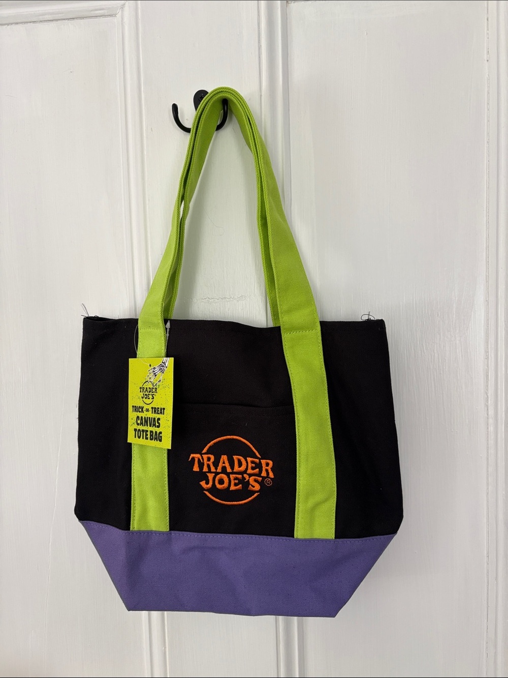 Trader Joe's Black Canvas Tote with Lime Handles and Purple Base